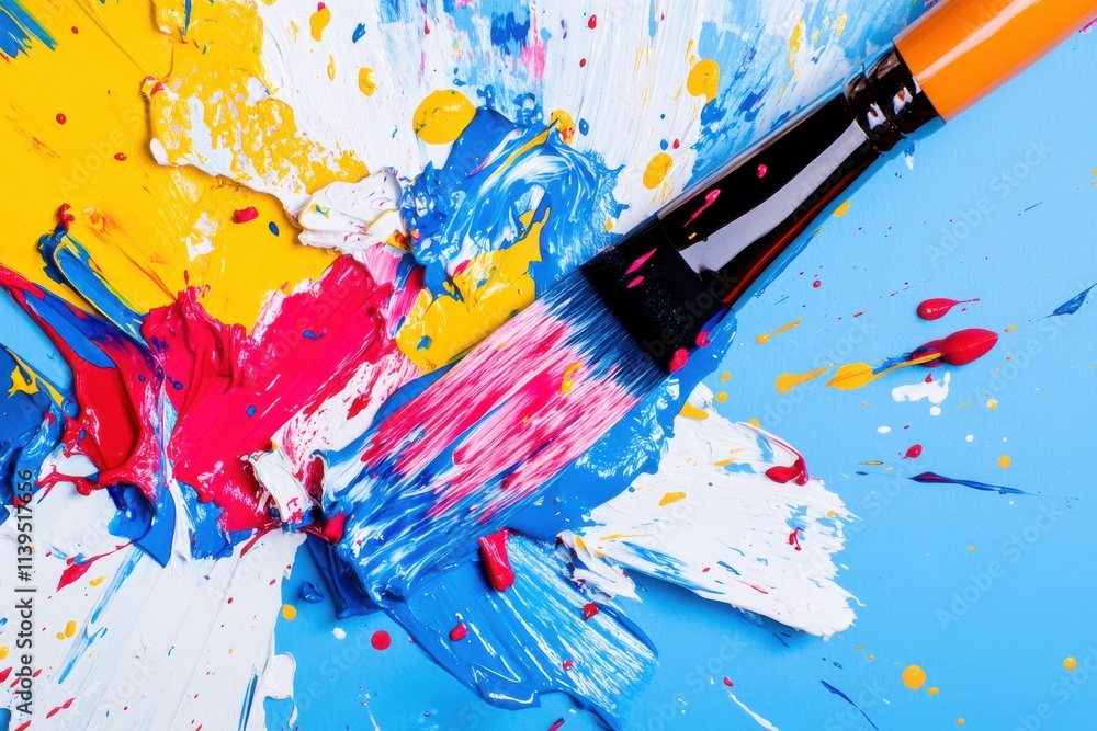 Obraz premium A vibrant array of colors splattered on canvas with a paintbrush, showcasing an artistic explosion of creativity.