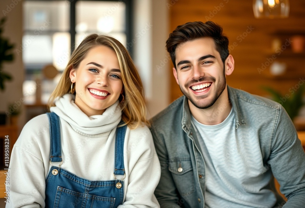 Two people laughing and smiling in a warm environment Two people laughing and smiling in a warm environment