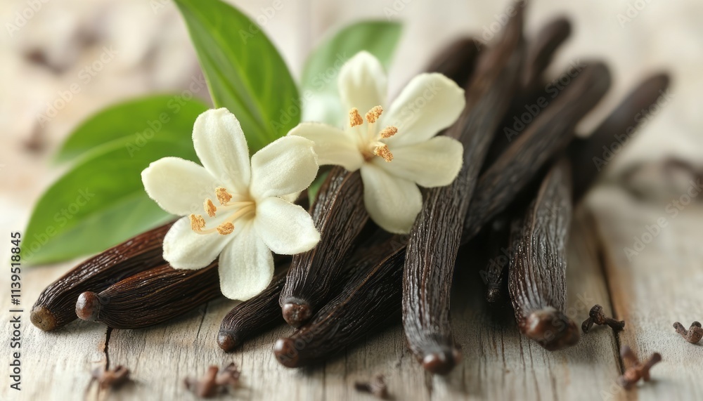 Vanilla pods are displayed alongside white flowers and green leaves on a wooden table Vanilla pods are displayed alongside white flowers and green leaves on a wooden table