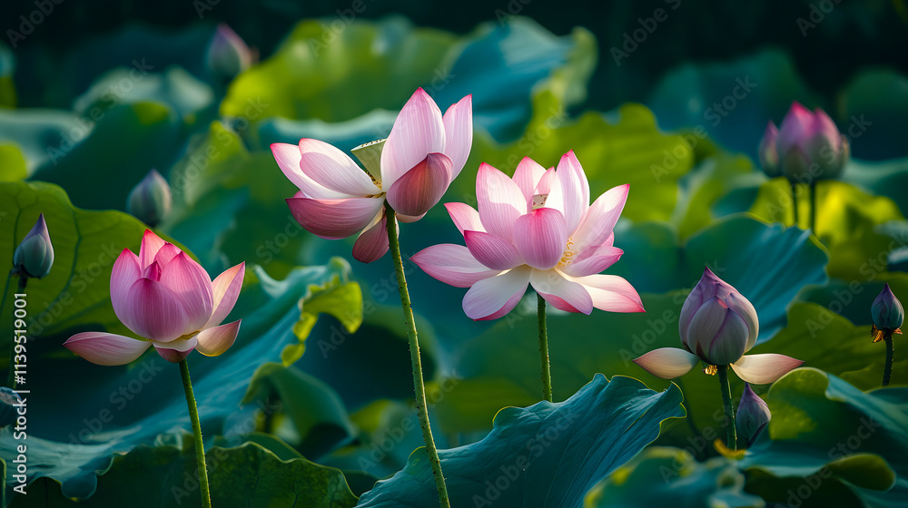 Obraz premium Lotus flowers with green leaves floating on a lake.