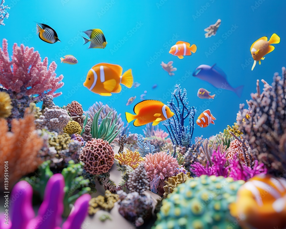 Naklejka premium A vibrant underwater scene featuring colorful tropical fish among coral in a sunlit ocean setting.