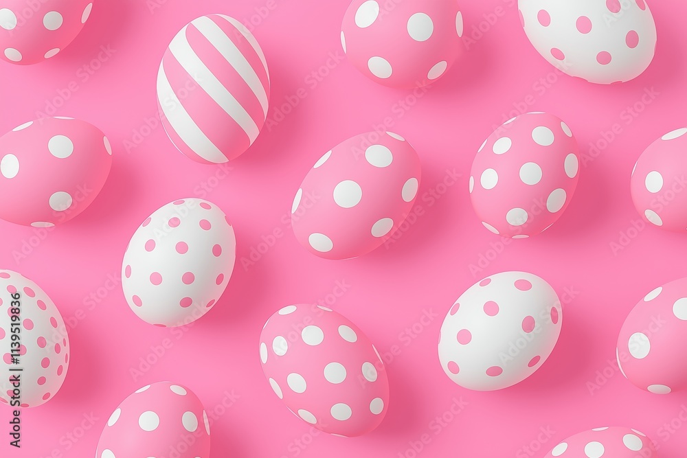 Pink Easter Eggs with White Polka Dots and Stripes on Pink Background Pink Easter Eggs with White Polka Dots and Stripes on Pink Background