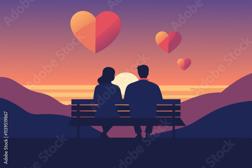 A bench watching a sunset with hearts floating above them