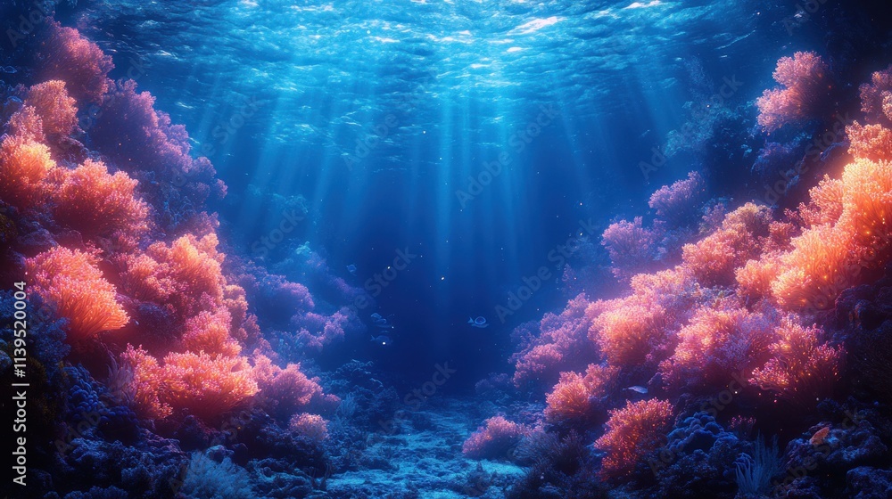 Naklejka premium Underwater Coral Reef Paradise: Sunbeams Illuminate Vibrant Ocean Life