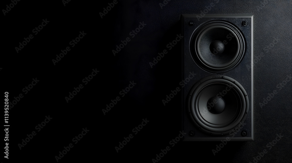 A loudspeaker on a black wall background, in 3D illustration. A loudspeaker on a black wall background, in 3D illustration.