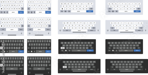 Mobile keyboard for smartphone or tablet. Two keypad template, light and dark user Interface UI. Vector illustration