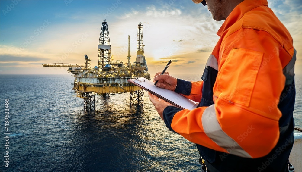A safety officer conducting a safety audit and inspection at a drilling site, writing and reviewing a checklist document.
A safety officer conducting a safety audit and inspection at a drilling site, writing and reviewing a checklist document.