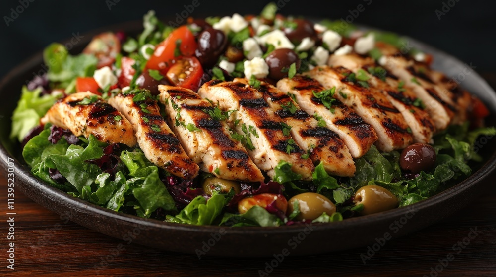 Grilled chicken salad with olives, feta, and tomatoes. Grilled chicken salad with olives, feta, and tomatoes.
