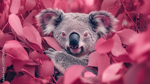 Cute koala bear peeking from pink leaves. photo