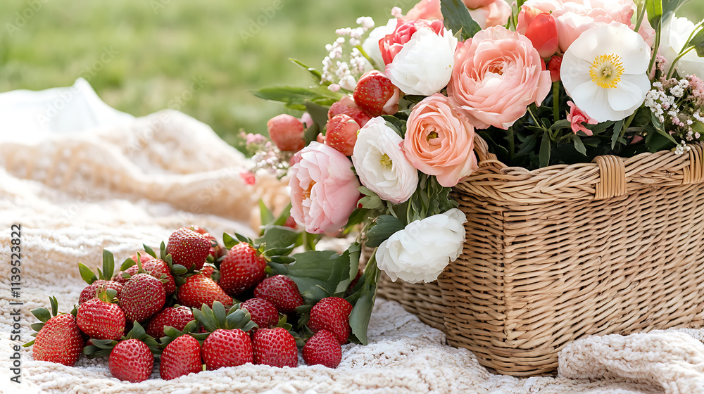 romantic spring picnic scene with basket of flowers and strawberries romantic spring picnic scene with basket of flowers and strawberries