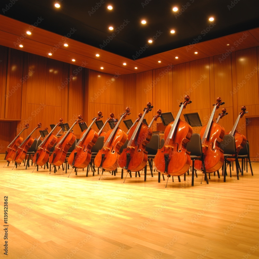 Fototapeta premium Orchestra Hall Cellos Ready for Rehearsal