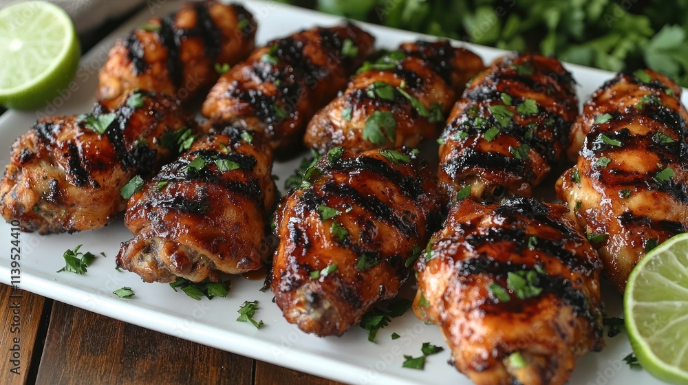 Grilled chicken wings with glaze, lime, and cilantro. Grilled chicken wings with glaze, lime, and cilantro.
