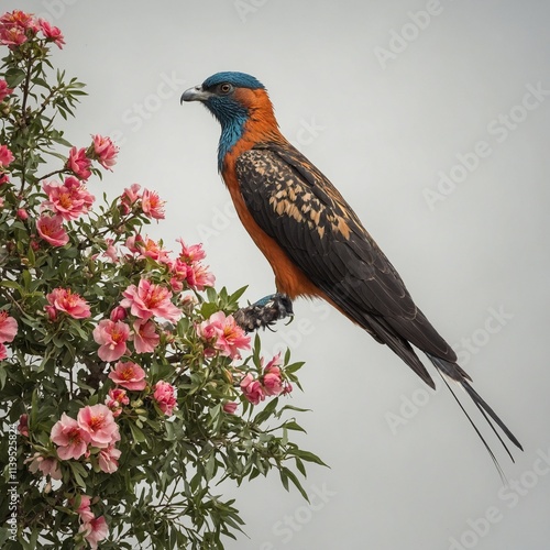 The national bird of Pakistan perched beside a blooming flower bush, on a clear white background. photo