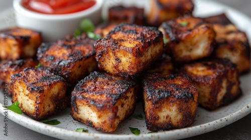 Grilled paneer cubes with ketchup.