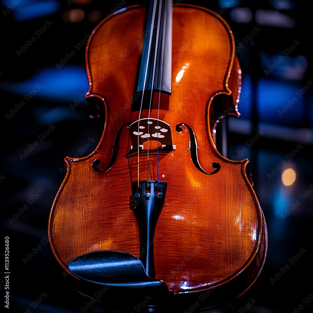 Polished Violin in Dark Studio Setting, Musical Instrument