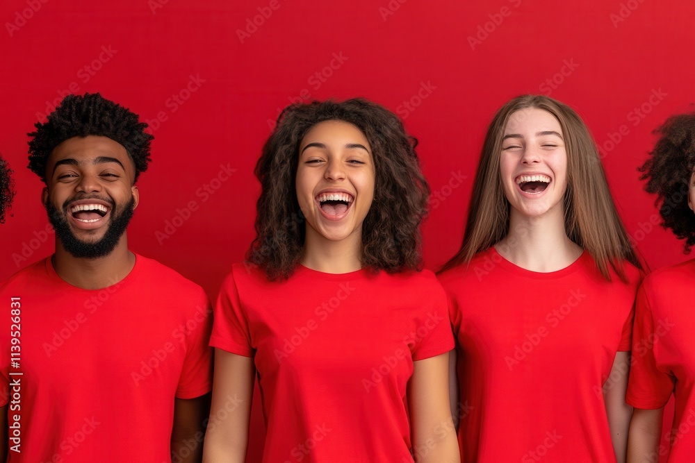 A joyful group of four young adults, two male and two female, smiling brightly in matching red shirts against a vibrant red background. A joyful group of four young adults, two male and two female, smiling brightly in matching red shirts against a vibrant red background.