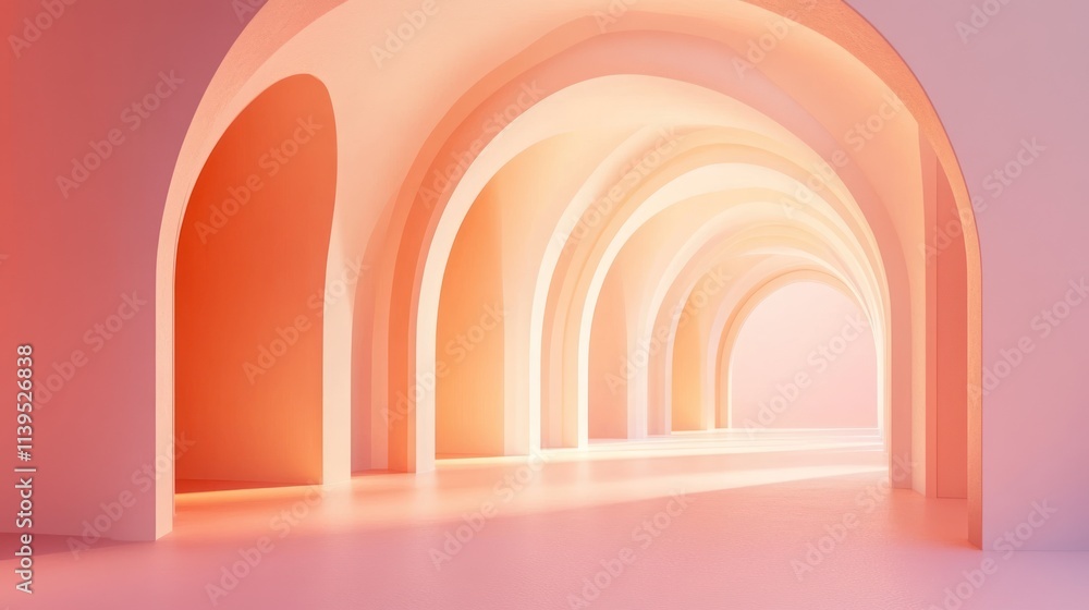 A serene, minimalist interior with arched passages illuminated in soft pink hues. A serene, minimalist interior with arched passages illuminated in soft pink hues.