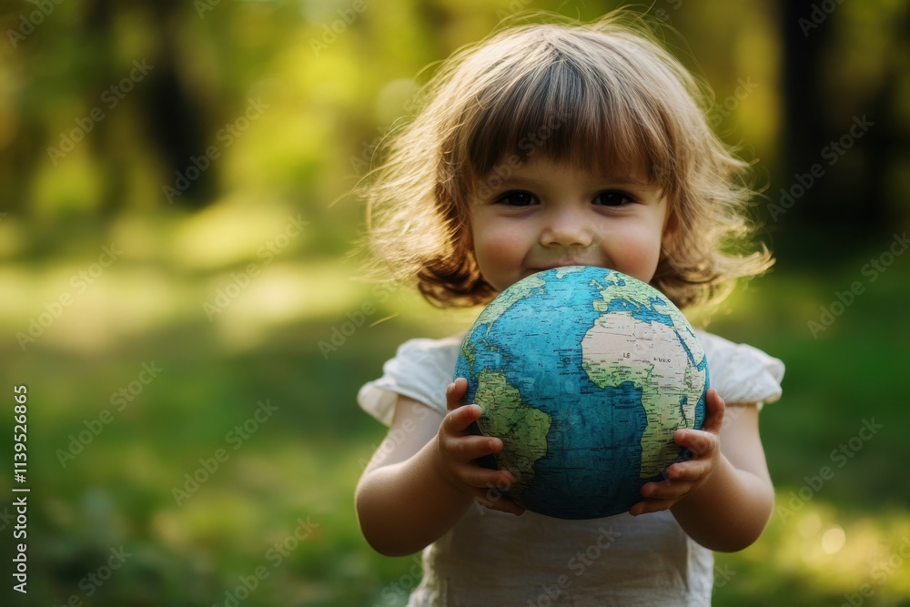 Child embracing a globe crafted from recycled paper in a lush green park capturing the joy of sustainability and environmental awareness Child embracing a globe crafted from recycled paper in a lush green park capturing the joy of sustainability and environmental awareness