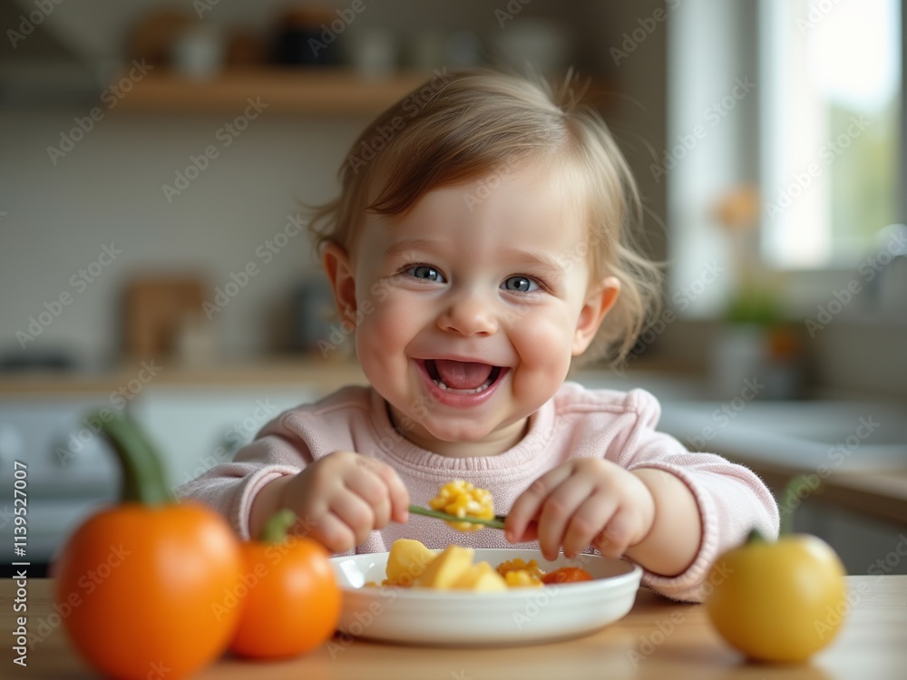 A cheerful baby sits at a wooden table, savoring fruits from a plate. Bright kitchen lights highlight the joy in the child\'s eyes, creating a vibrant atmosphere A cheerful baby sits at a wooden table, savoring fruits from a plate. Bright kitchen lights highlight the joy in the child\'s eyes, creating a vibrant atmosphere