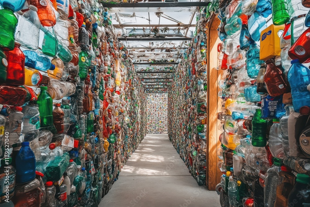 Fototapeta premium Recycle art installation in urban space creative use of plastic bottles engaging community awareness indoor environment unique perspective highlighting sustainability