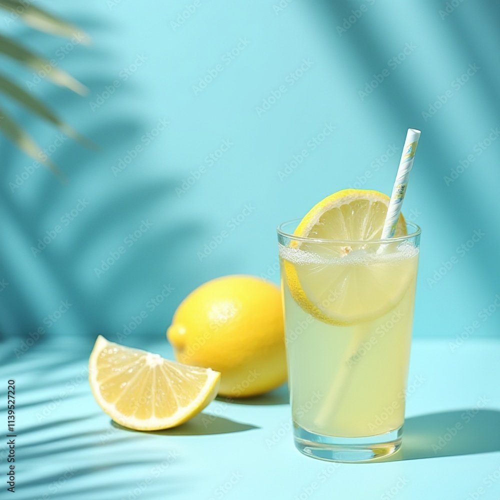 A delightful lemon beverage garnished with a fresh lemon slice is placed next to whole lemons, all set against a bright blue background filled with playful shadows A delightful lemon beverage garnished with a fresh lemon slice is placed next to whole lemons, all set against a bright blue background filled with playful shadows