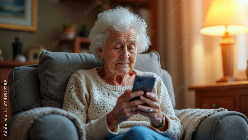 A smiling senior citizen is joyfully playing a smartphone, surrounded by cozy blankets and warm lighting. A smiling senior citizen is joyfully playing a smartphone, surrounded by cozy blankets and warm lighting.