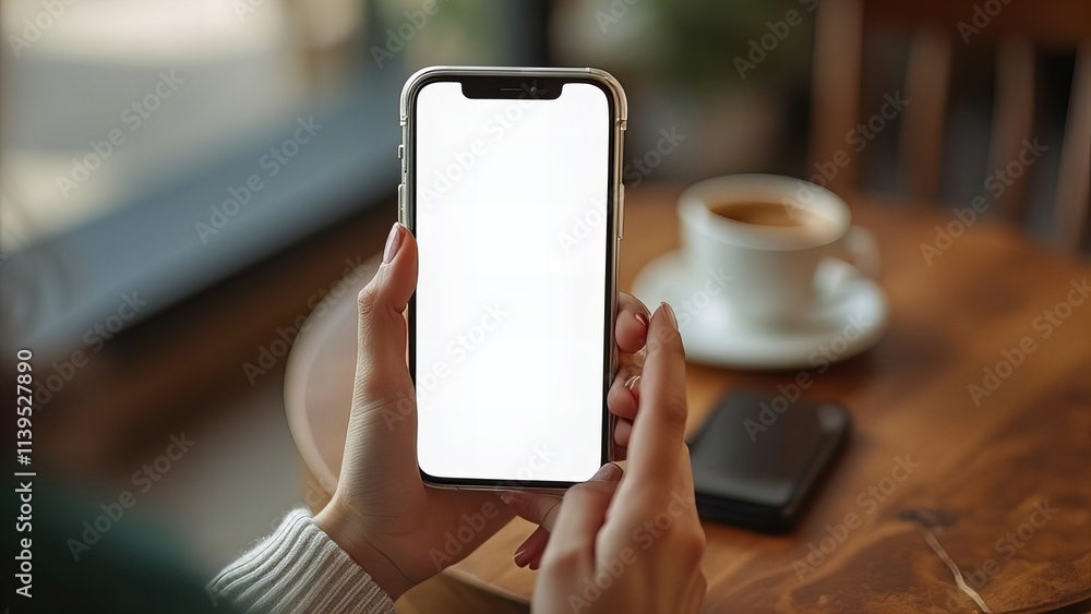 Hand Holding Smartphone with Blank Screen, Coffee Cup on Wooden Table, Mockup for App Design, Digital Marketing, Technology Concept, Lifestyle Scene Hand Holding Smartphone with Blank Screen, Coffee Cup on Wooden Table, Mockup for App Design, Digital Marketing, Technology Concept, Lifestyle Scene