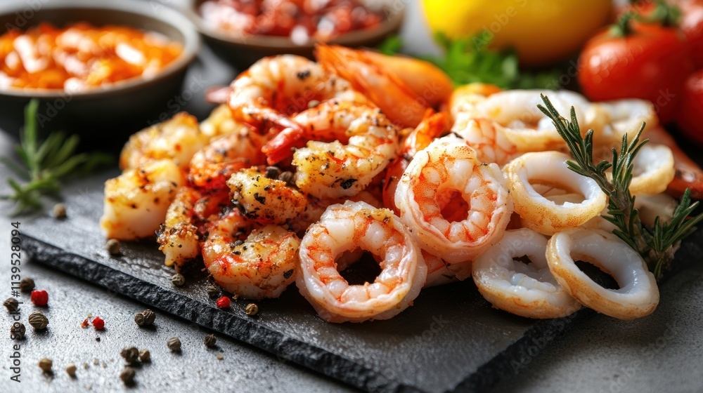 Grilled seafood platter with shrimp and squid, garnished with herbs and spices. Grilled seafood platter with shrimp and squid, garnished with herbs and spices.
