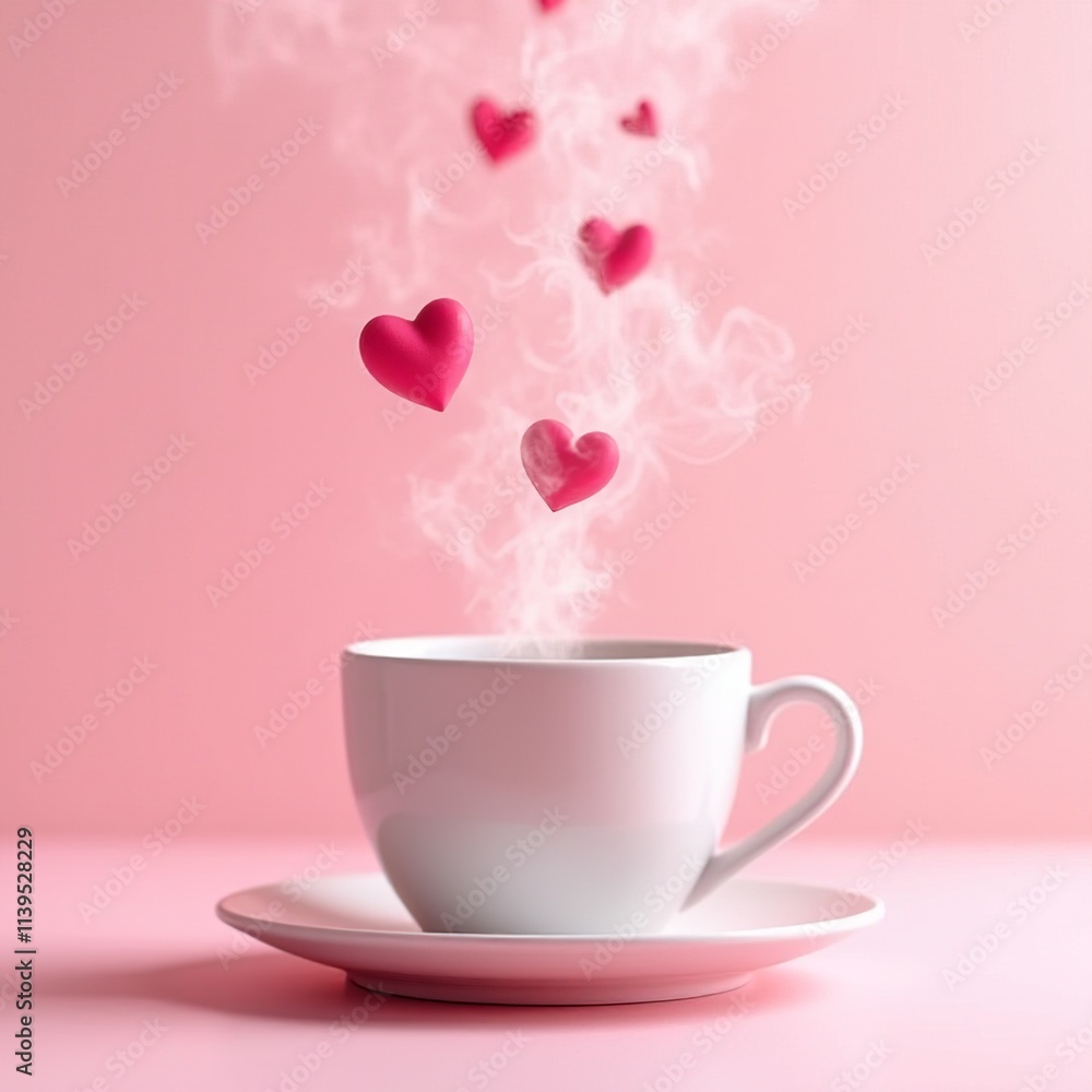 A steaming white cup rests on a saucer, exuding warmth as whimsical pink hearts drift upwards into the soft pink background, symbolizing love and delight A steaming white cup rests on a saucer, exuding warmth as whimsical pink hearts drift upwards into the soft pink background, symbolizing love and delight