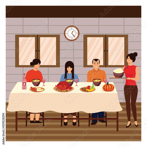 Family Gathers Around a Festive Table,  a Festive Holiday Meal Together in a Cozy Dining Room.