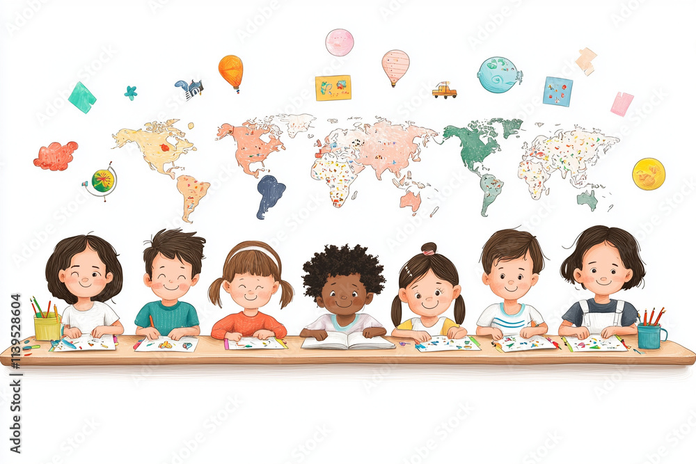 Clip art graphics depicting a classroom scene. Toddler and children of different ages happily learning and playing together. Child art style. Clip art graphics depicting a classroom scene. Toddler and children of different ages happily learning and playing together. Child art style.