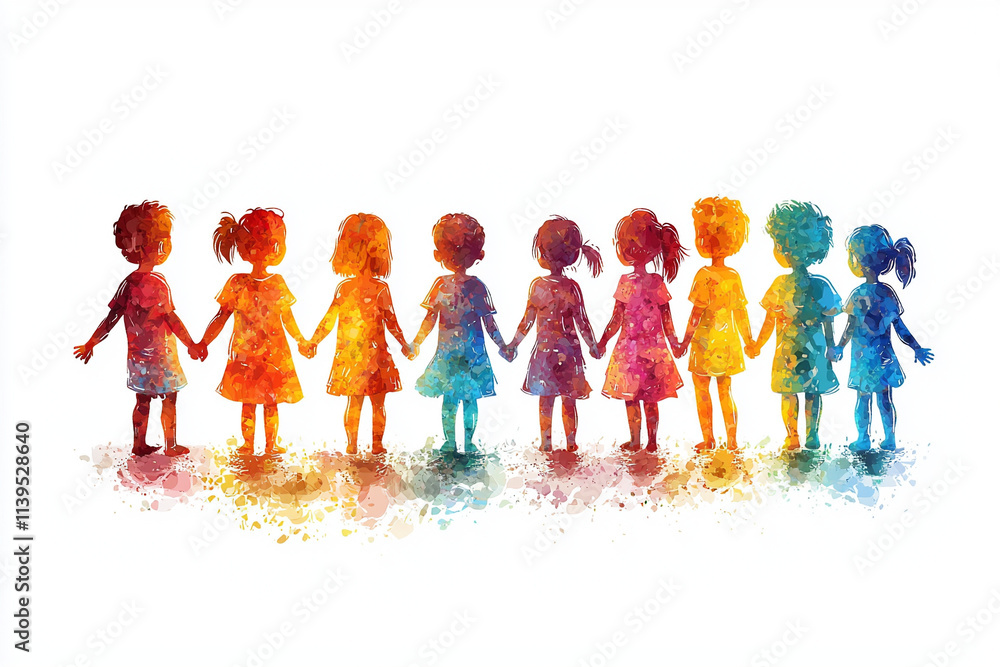 Fototapeta premium A vibrant graphic depicting happy children holding hands- radiating friendship and rejoicing. This colorful animation is a great graphic design