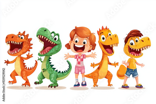 A group of children happily exercise- perhaps mimicking dinosaurs like a Tyrannosaurus or Velociraptor in an animated cartoon style.  Clip art-like graphics depict this joyful