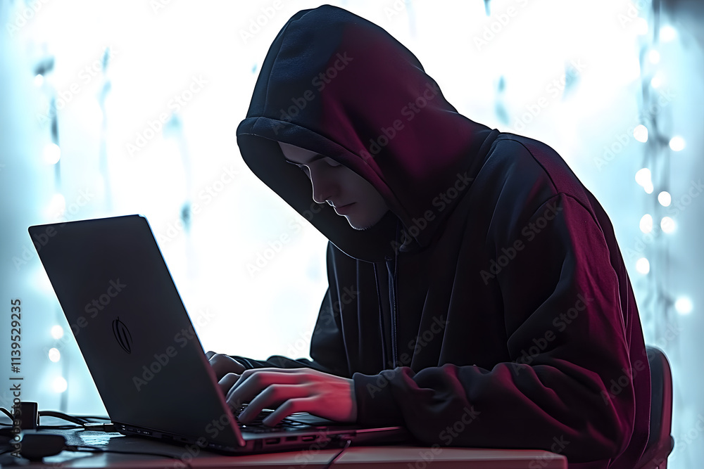 A hacker in black hoodie is working on his laptop. A hacker in black hoodie is working on his laptop.