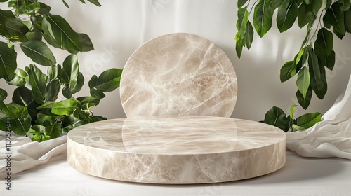 Light marble product display podium with nature leaves