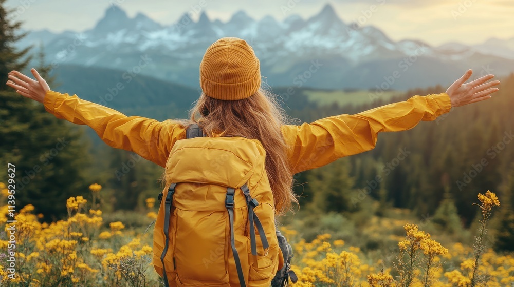 Naklejka premium A person with a backpack enjoys a scenic mountain view surrounded by flowers.