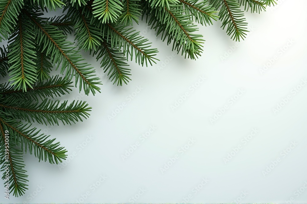 Obraz premium Fresh green branches gracefully frame a pale backdrop, inviting a sense of calm and tranquility. Ideal for winter festivities and seasonal celebrations, nature inspires joy