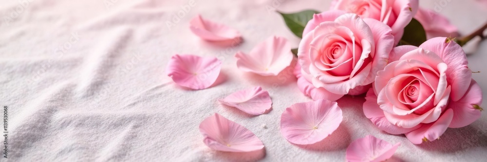 Soft pink rose petals on a white linen background, fresh, vintage Soft pink rose petals on a white linen background, fresh, vintage