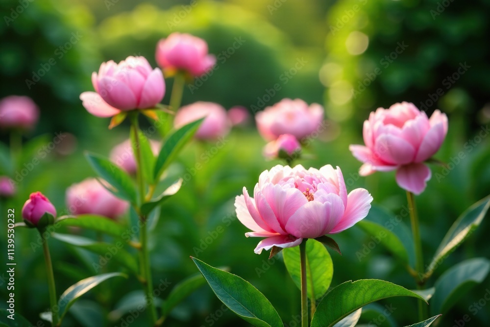 Soft pink peonies sway gently among lush green foliage, spring flowers, garden blooms Soft pink peonies sway gently among lush green foliage, spring flowers, garden blooms