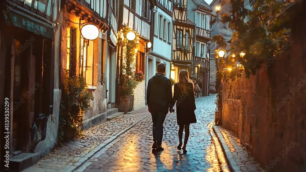 A couple walks along a cobblestone street in a charming old town at dusk, surrounded by warm glowing lights from the buildings and vintage street lamps A couple walks along a cobblestone street in a charming old town at dusk, surrounded by warm glowing lights from the buildings and vintage street lamps