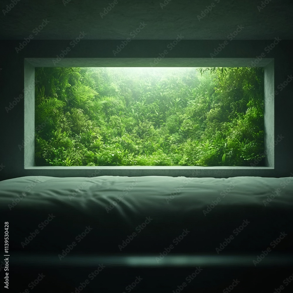 Fototapeta premium Serene Jungle View from Minimalist Bedroom Window