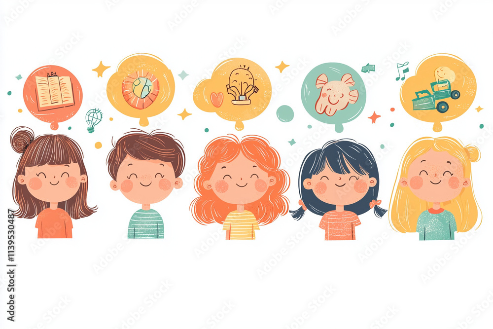 Clip art of happy children- smiling with thought bubbles above their heads. Animated cartoon graphics. Playing with Clip art of happy children- smiling with thought bubbles above their heads. Animated cartoon graphics. Playing with