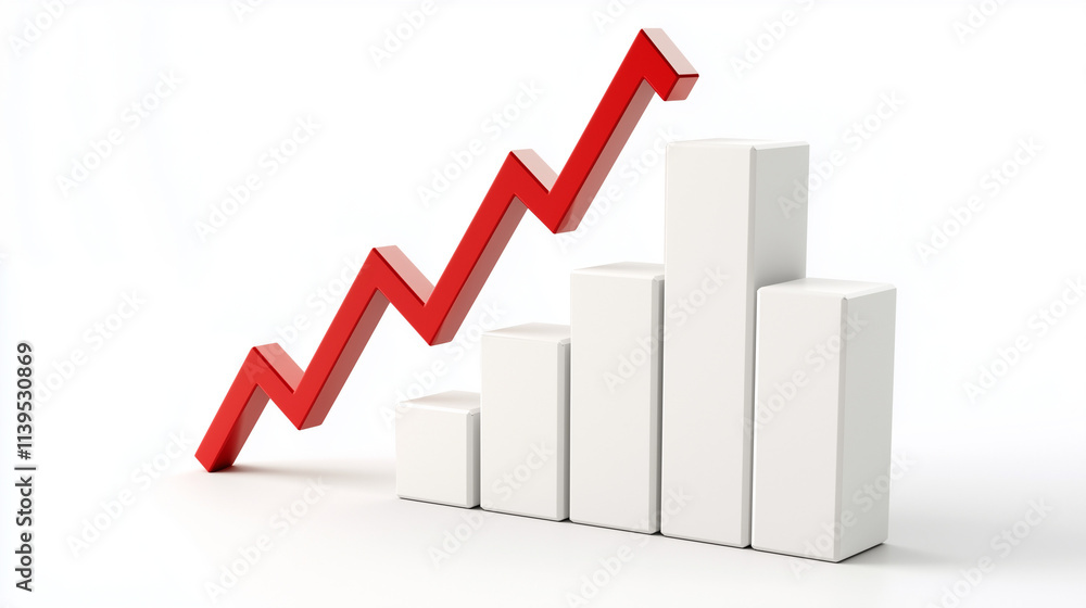 Upward Trend: A red arrow points upward as a 3D bar graph demonstrates positive growth, symbolizing success, progress, and financial advancement. Upward Trend: A red arrow points upward as a 3D bar graph demonstrates positive growth, symbolizing success, progress, and financial advancement.