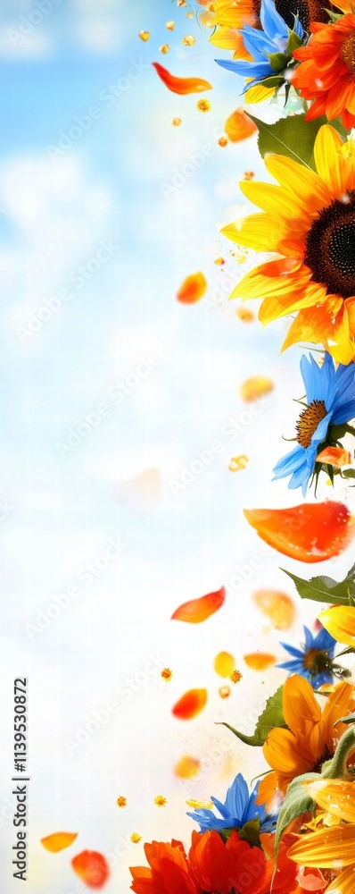Vibrant Sunflowers and Blue Flowers with Petals Falling Vibrant Sunflowers and Blue Flowers with Petals Falling