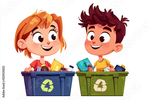 Happy children smiling- learning to sort recyclables.  Animated cartoon style.  Clip art-esque image showcasing playful