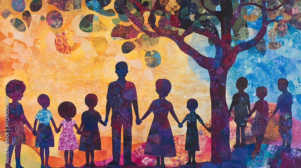 Collage of a Family Silhouetted Against a Tree and Abstract Background