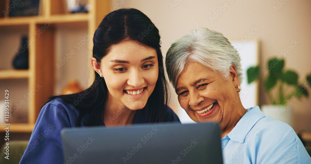 Laptop, happy senior woman or nurse in retirement home with healthcare results or medical diagnosis. Good news, pensioner or elderly person with technology, patient info or caregiver for wellness Laptop, happy senior woman or nurse in retirement home with healthcare results or medical diagnosis. Good news, pensioner or elderly person with technology, patient info or caregiver for wellness