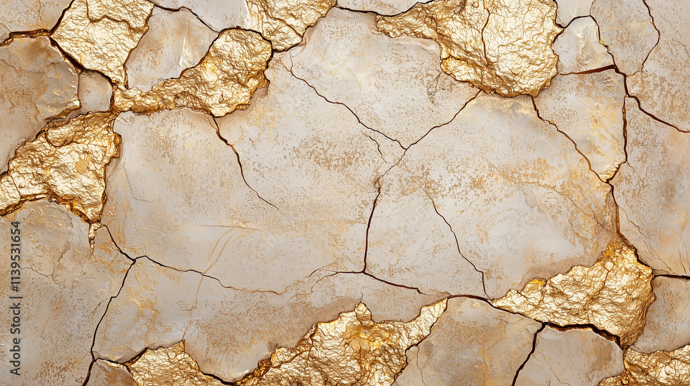 Fototapeta premium Cracked Gold Texture: A captivating macro shot of a textured surface with cracks revealing shimmering gold underneath. The interplay of light and shadow creates a mesmerizing abstract pattern.