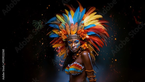 Young  woman in carnival costume. Close-up of a young woman's face.  Brazilian carnival. Carnival Festival in the Caribbean. Generate AI. photo