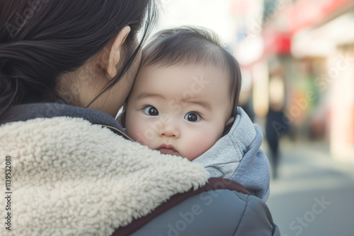 Adorable Asian Chinese baby carried by a woman. photo